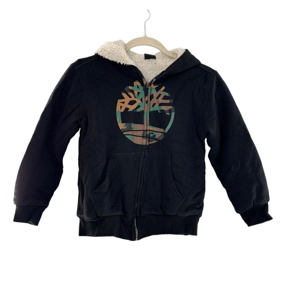 Timberland Kids Sherpa-Lined Black Hoodie Camo Logo Zip 8 Small Tree Core Jacket